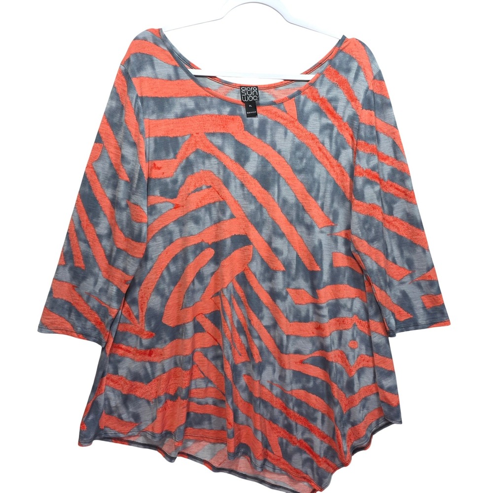 Clara Sunwoo Lagenlook Tunic Top Womens XL Peach Gray Abstract Asymmetric USA